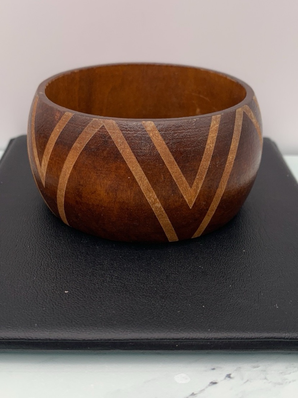 Handcrafted Brown Wooden Bangle with Inlaid Chevron Design